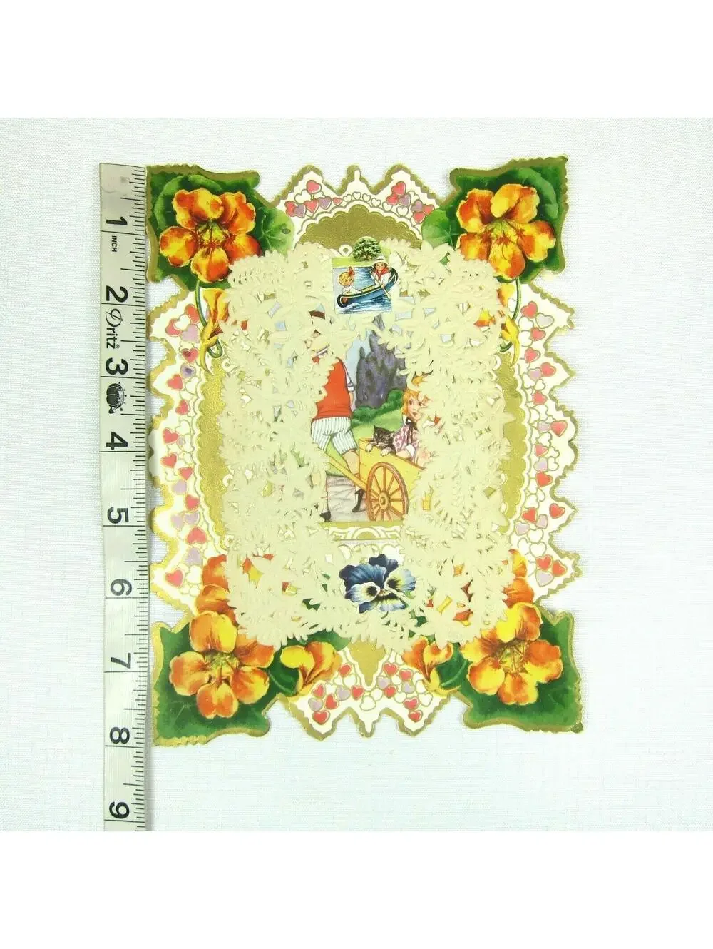 Vintage Valentine 1920s Die Cut Paper Lace XL Boy Wheelbarrow Girl & Cat Fishing
